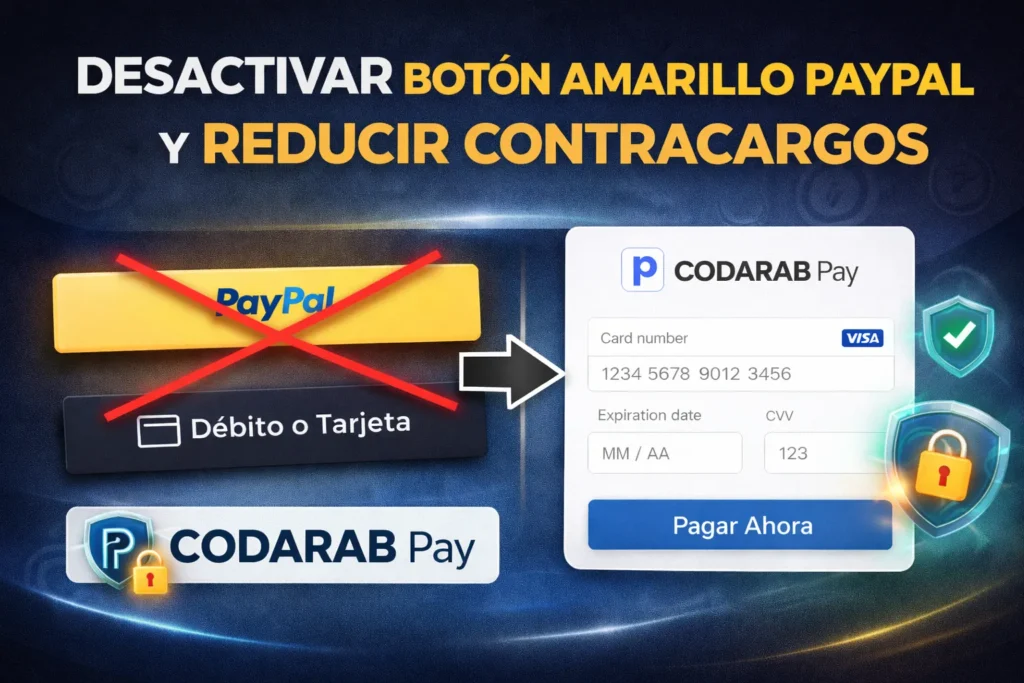 Desactivar el botón amarillo de PayPal para reducir contracargos usando CODARAB Pay en WooCommerce.